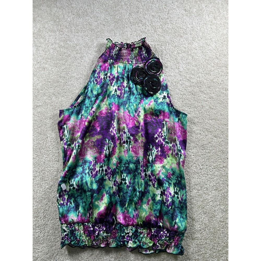 BCX Top Womens Medium Multicolor Halter Floral Smocked Neck Ruffle Hem Blouse